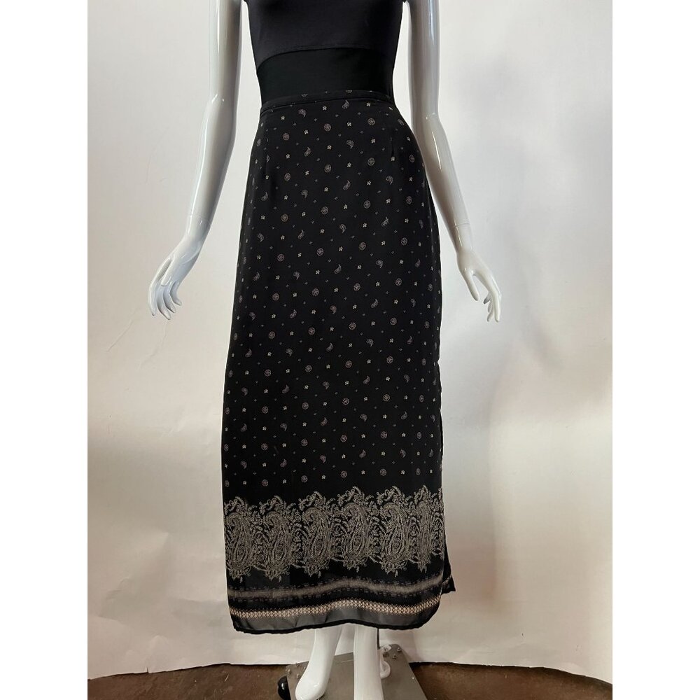 Vintage Black Midi Skirt sz 10  With Paisley & Floral Print Side Slit Button Clo - Picture 9 of 15